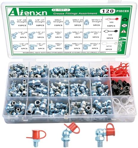 120PCS Grease Fittings Assortment, SAE & Metric Zerk Grease Fitting Straight 45 90 Degree (1/4"-28,1/8"-27,M6,M8,M10) with Plastic Caps for Grease Gun