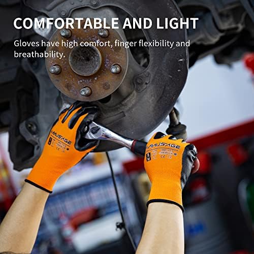 MANUSAGE Safety Work Gloves Nitrile For Men and Women, with Touchscreen Fingers, Men's Work Gloves with Grip, Mechanics Gloves (Size XL, Orange, 6-pairs)
