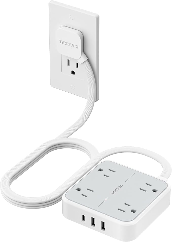TESSAN Surge Protector Flat Extension Cord 5Ft, Flat Plug Power Strip with 4 Outlets 3 USB Ports (1 USB C), 1875W 15A, 900 Joules Protection, Multiple Wall Outlet Extender Suitable for Home, Grey