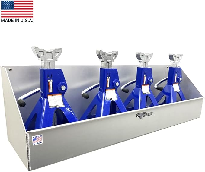 Pit Posse 449 Jack Stand Rack Holder Shelf for Trailer Garage - Made in USA - Aluminum Storage Enclosed Race Car Trailer Garage Shop Accessory Organizer Holds up to 4 Jack Stands 34 x 9 x 10 (Silver)