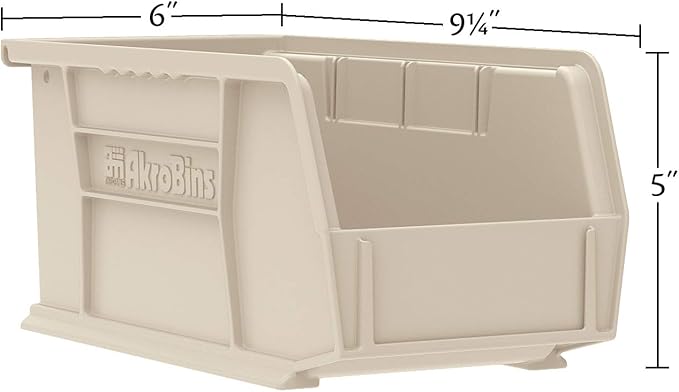 Akro-Mils 30237 AkroBins Plastic Storage Bins, Space-Saving Stackable Bins for Garage, Pantry, Craft Organization, 9" x 6" x 5", Stone, 12-Pack