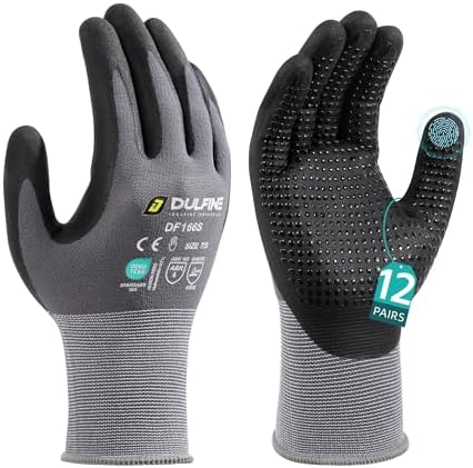 DULFINE Anti-slip 12 Pairs Pack Work Gloves for Men and Women Grey S