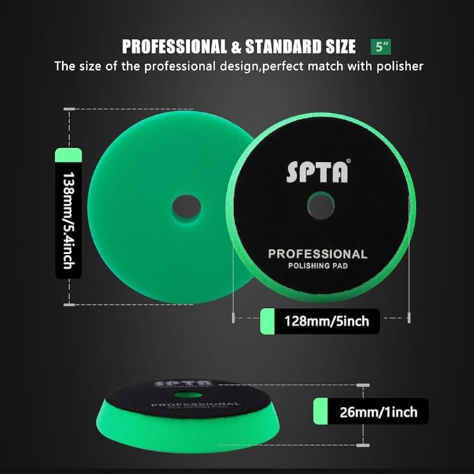 SPTA Green T120 Heavy-Cut Polishing Foam Pad, 1Pc 5.5 Inch Face for 5 Inch 125mm Backing Plate Compound Buffing Sponge Pads for Car Buffer Polisher Compounding, Polishing and Waxing -FPBFS5G