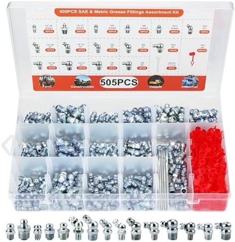 505 PCS Grease Fittings Kit, Metric & SAE Hydraulic Zerk Assortment 1/4" 1/8" M6 M8 M10 with Straight, 45 & 90 Degree Elbows, Zinc Plated Steel