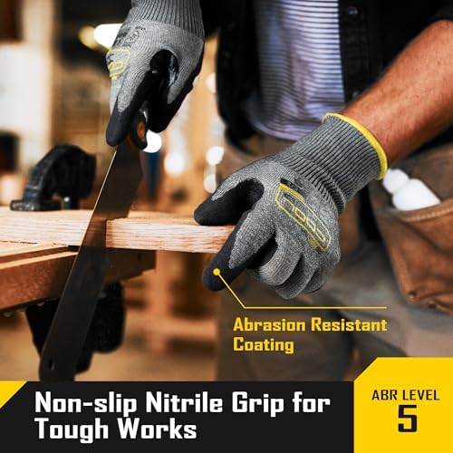 COOLJOB ANSI A5 Cut Resistant Gloves - 1/3/12 Pairs, Nitrile Rubber Dipped Safety Work Gloves for Men, Knife Proof with Grip Coating for Construction Warehouse Glass Wood Work, Grey Small
