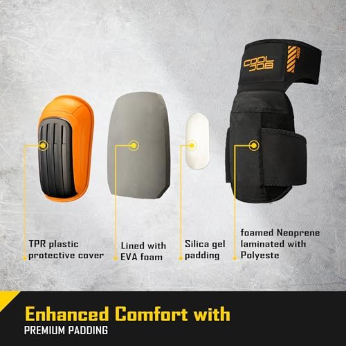 COOLJOB Professional Knee Pads with Heavy Duty Anti-Slip Cap, Comfortable Foam Cushion and Extra Thick Gel Padding for Construction Flooring, Reinforced & Adjustable Straps, Orange