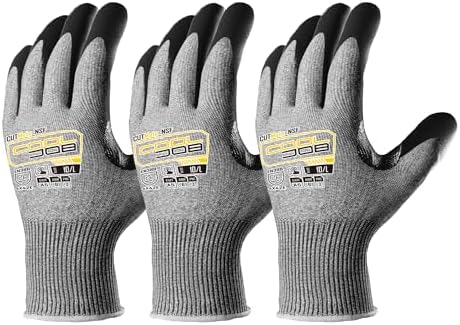 COOLJOB ANSI A5 Cut Resistant Gloves - 1/3/12 Pairs, Nitrile Rubber Dipped Safety Work Gloves for Men, Knife Proof with Grip Coating for Construction Warehouse Glass Wood Work, Grey Large