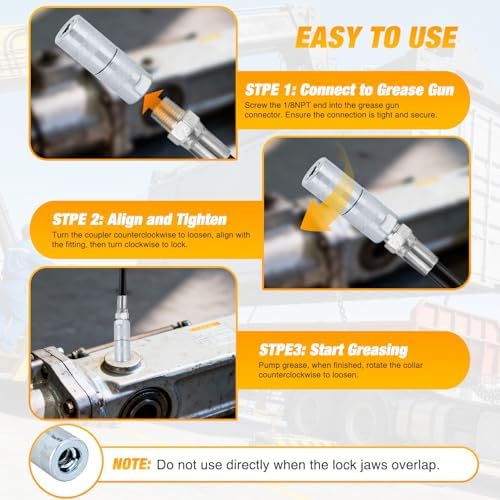 GOOACC Grease Gun Coupler Quick Locking Grease Gun Tips Sturdy Steel 8000 PSI Grease Gun Fittings Fits All 1/8" NPT Threads SAE Metric Zerk Fittings for Automotive Car Ship Machinery Truck Farm, 2 PCS