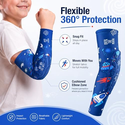 AceList Space Elbow Pads for Kids, Youth Volleyball Arm Sleeves for Boys Girls, Protective Compression Gear for Basketball Football Wrestling, Anti-Slip Stay-Up Protective Gear, 1 Pair (Size XL)