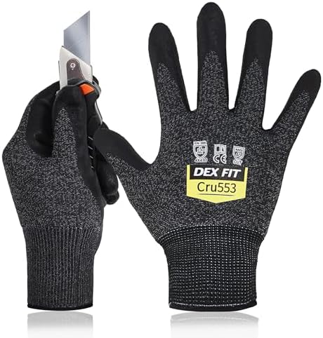DEX FIT Level 5 Cut Resistant Gloves Cru553 Anti-Static, 3D Comfort Fit A5 Safety Work Gloves with Grip, Thin Touchscreen Gloves for Warehouse, Package Handling, Glass Handling, BlackGray, S, 1 Pair