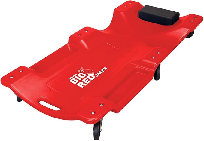 Big RED Torin Blow Molded Plastic Rolling Garage/Shop Creeper: 40" Mechanic Cart with Padded Headrest, Dual Tool Trays and 6 Casters, Red