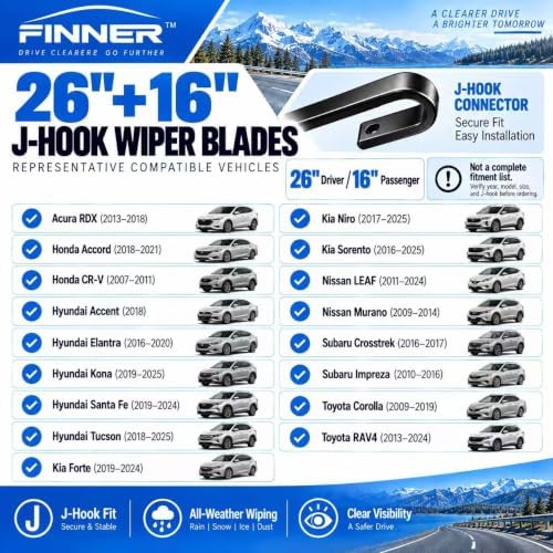 FINNER 26"+16"J-Hook Windshield Wipers Fits Toyota, Honda, Hyundai & more