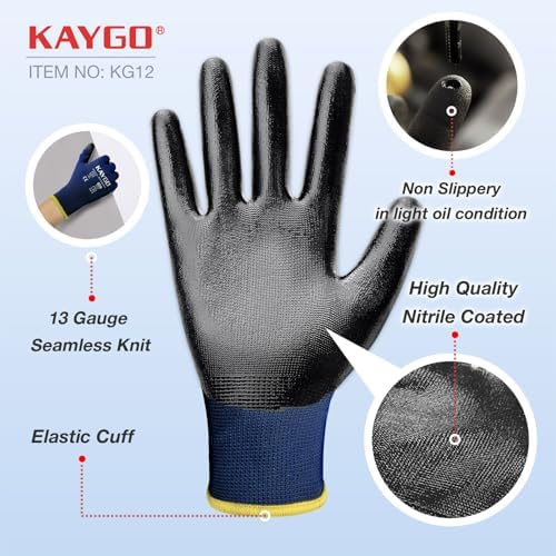 KAYGO Work Gloves for Men and Women, Black Nitrile Coated,KG12N,12Pairs