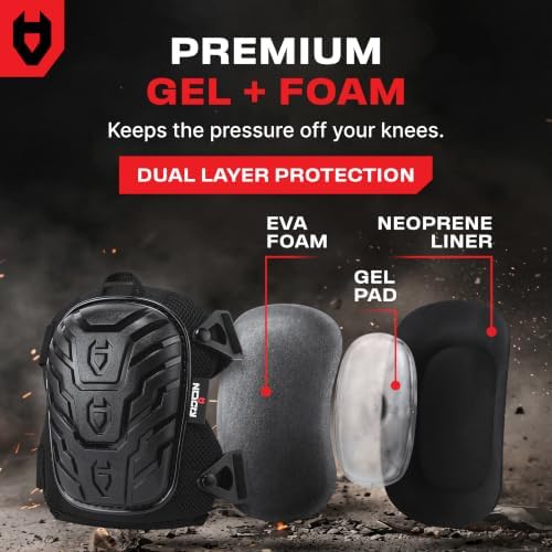 NoCry Professional Gel Knee Pads for Work with Soft Foam and Gel Cushion — Heavy Duty Cap, Reinforced Adjustable Straps, Military Grade Rivets and Built-in Hang Loops — Perfect for Construction