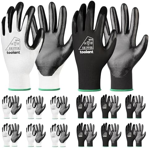 toolant Nitrile Coated Work Gloves, 12 Pairs, White&Black, Medium