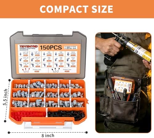 150PCS Grease Fittings Kit, SAE & Metric Grease Zerk Fittings with Caps