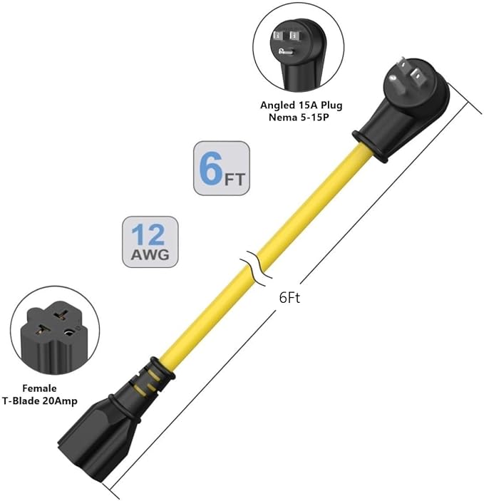 6FT Heavy Duty 15Amp Right-Angle Extention Cable, 12AWG 90-Degree 15 Amp Household Plug to 20 Amp T Blade Adapter cord, Nema 5-15P to 5-20R,5-15P to 6-15R/20R, 125V 15A to 20A AC Power Cable Extension