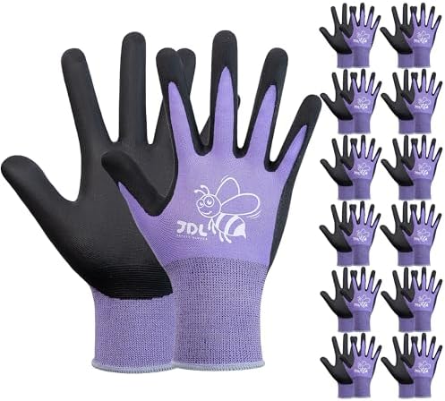 JDL 12 Pairs Nylon Nitrile Coated Gardening Gloves for Women, Touchscreen Yard Garden Gloves, Breathable Safety Work Gloves with Grip, Purple, Medium