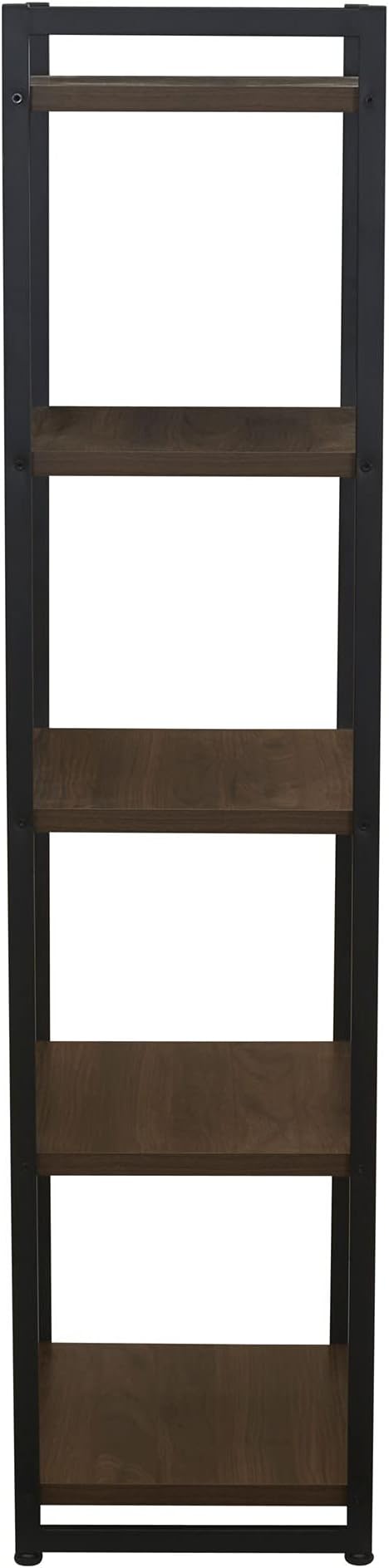 Household Essentials Jamestown Narrow 5 Shelf Open Storage Bookshelf Mid Century Walnut Wood Grain and Black Metal