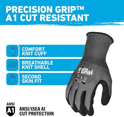 Gorilla Grip A1 Precision Grip Work Gloves, Medium, 1 Pair, Gray