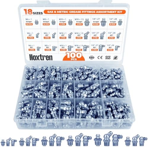 100PCS Grease Fittings Assortment, 18 Essential Sizes SAE & Metric Zerk Grease Fittings Kit– Includes UNF NPT 1/4" 1/8" M6 M8 M10, Straight 45 90 Degree for Grease Guns