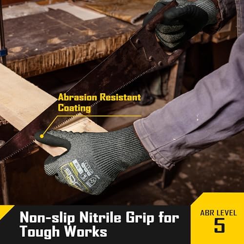 COOLJOB ANSI A7 Cut Resistant Gloves - 1/3/12 Pairs, Nitrile Rubber Dipped Safety Work Gloves with Reinforced Thumb, Non Slip, Breathable, Touchscreen, for Fishing, Gardening, Grey Large
