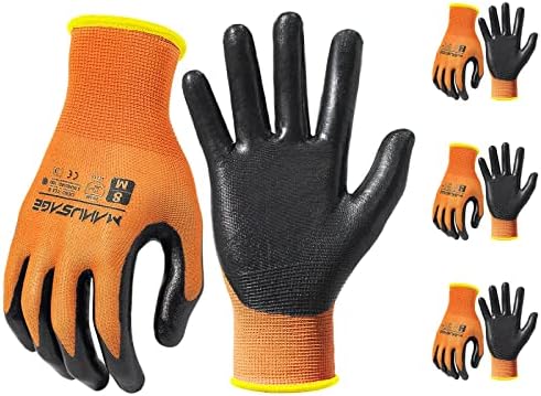 MANUSAGE Safety Work Gloves Nitrile For Men and Women, with Touchscreen Fingers, Men's Work Gloves with Grip, Mechanics Gloves (Size XL, Orange, 3-pairs)