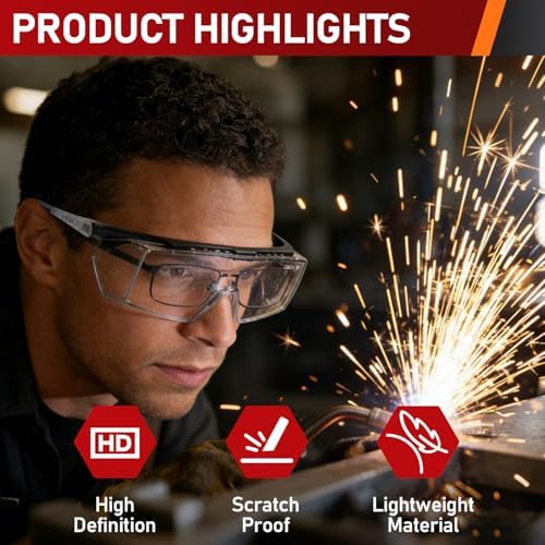 TICONN Safety Glasses Over Eyeglasses for Men Women, Anti-Fog ANSI Z87.1 Eye Goggles with Adjustable Arms and UV Protection