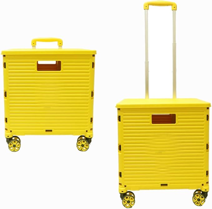 Foldable Utility Cart Folding Portable Rolling Crate Handcart Shopping Trolley Wheel Box with Lid Wear-Resistant Noiseless 360°Rotate Wheel for Travel Shopping Moving Storage Office Use (Yellow)