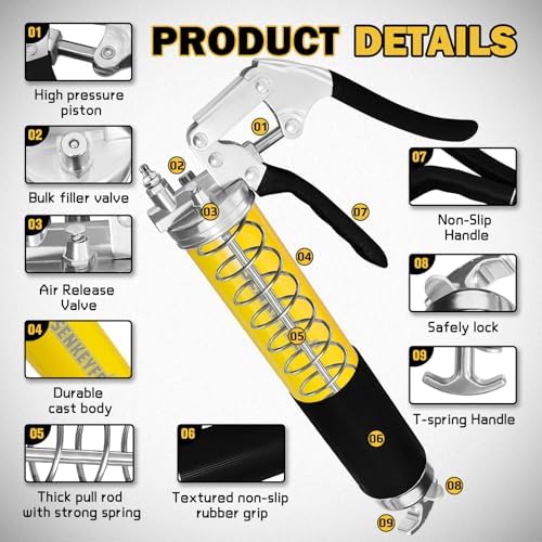 14oz Capacity Versatile Grease Gun Kit,7000 PSI Leak-Proof Spray Grease Gun,18" Spring Hose,Double Handle Nozzle,Coupler,Teflon Tape and Other Accessories,Auto,Marine,Industry,15 Pcs Yellow