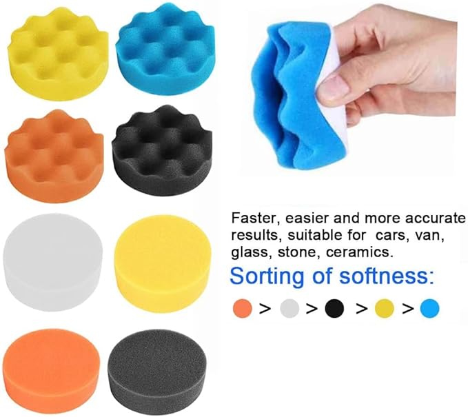 11Pcs 3 Inch Car Foam Drill Polishing Pad Kit Buffing Sponge Pads Kits by Yesallwas,for Car Sanding, Polishing, Waxing (8 Polishing Pads,1 Woolen Buffer, 1 Thread Drill Adapter with Shank)