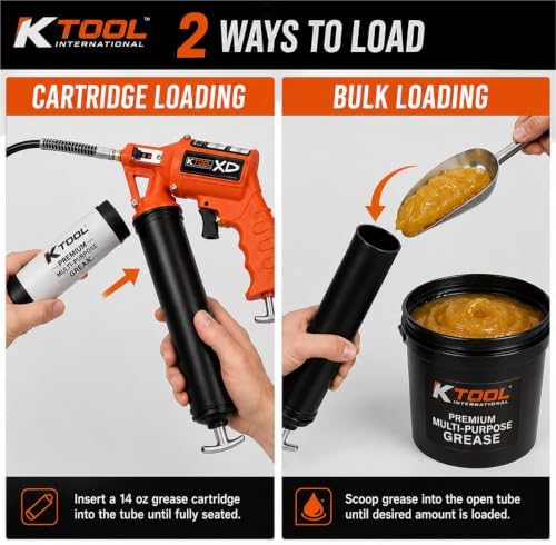 K Tool International XD73901 Pneumatic Grease Gun, Pistol Grip with 30" Flexible Hose and Coupler, Angled Ergonomic Design, Bulk Loader Head with Air Bleeder, 14 oz Cartridge or 500 cc Bulk Fill