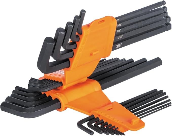 KLEIN TOOLS BLS22 22-Piece Long Ball-End Hex Key Wrench Set, SAE and Metric, Heat-Treated, L-Style, 1/16-Inch to 3/8-Inch and 1.5mm to 10mm