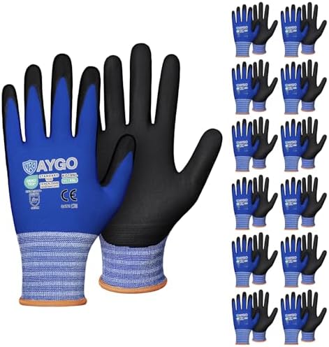 Safety Work Gloves MicroFoam Nitrile Coated-12 Pairs,KAYGO KG18NB,Seamless Knit Nylon Glove with Black Micro-Foam Nitrile Grip,Ideal for General Purpose,Automotive,Home Improvement Blue