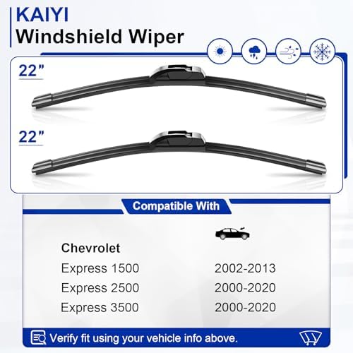 KAIYI 22" + 22" Windshield Wipers Compatible with Chevrolet Express 1500 2002-2013,Express 2500 2000-2020,Express 3500 2000-2020 Premium Automotive Replacement Windshield Wiper Blades 2 Pack
