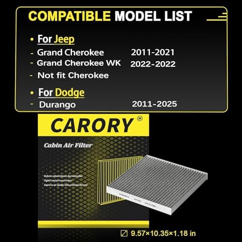 Cabin Air Filter w/Activated Carbon for Jeep Grand Cherokee (2011-2021, Not Fit Cherokee), Dodge Durango 2011-2025, 68079487AA, 68079487AB, CF11183, CF183