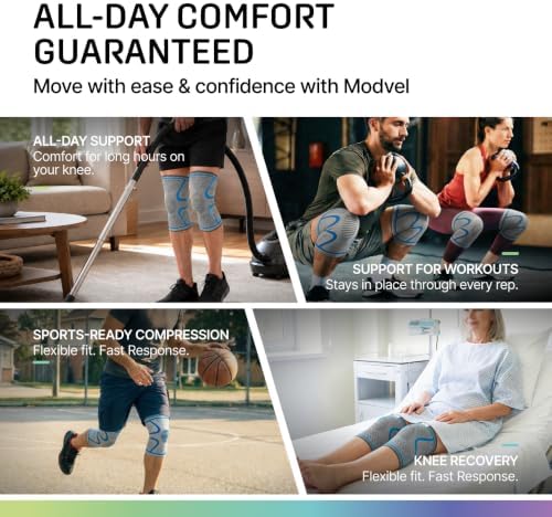 Modvel Compression Knee Brace for Women & Men - 2 Pack Knee Brace for Women Running Knee Pain, Knee Support Compression Sleeve, Workout Sports Knee Braces for Meniscus Tear ACL & Arthritis Pain Relief