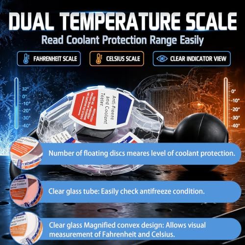 Antifreeze Tester, Coolant Test Strips, Coolant Tester Accessory for Understanding The State of Coolant, Battery Hydrometer for Testing Hot or Cold Batteries on 6V/12V/24V Systems