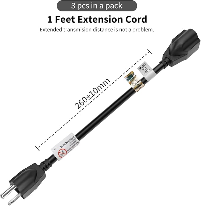 FIRMERST 15 Amp 1 Foot 3 Prong Extension Cord 14 Gauge 1875W UL Listed Black, 3 Pack