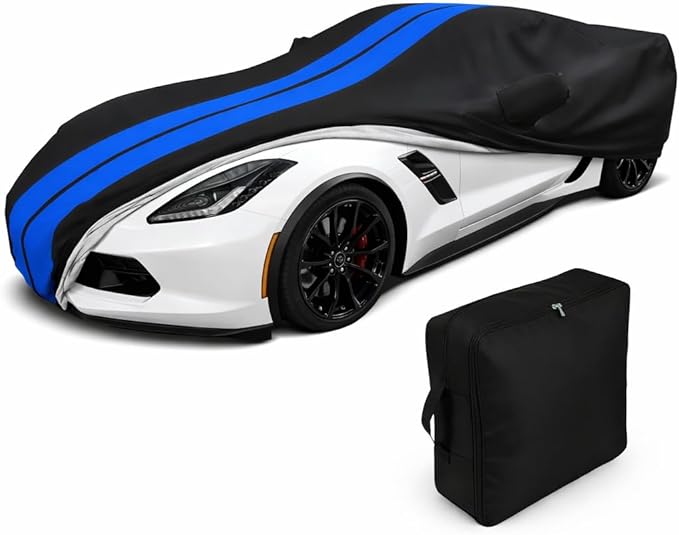 SR1 Performance USA C7 Corvette Car Cover - Custom Fit Indoor/Outdoor UV & Rain Protection - Ultraguard 300 Denier High End for 2014-2019 Stingray, Z51, Z06, Grand Sport (Black with Blue Stripes)