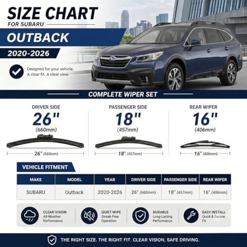 AERO Wipers Replacement for Subaru Outback 2020-2026, 26"+18" Front + 16" Rear, All-Season Windshield Wiper Blades with Extra Squeegee Refills + 1-Year Warranty (Set of 3)