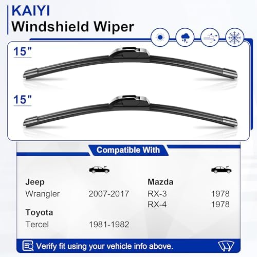 KAIYI 15" + 15" Windshield Wipers Compatible with Jeep Wrangler 2007-2017,Toyota Tercel 1981-1982,Mazda RX-3/RX-4 1978 Premium Automotive Replacement Windshield Wiper Blades 2 Pack