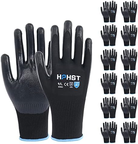 Work Gloves for Men-12 Pairs, Nitrile Coated Work Gloves with Grip, Touchscreen & Oil Resistant Gloves