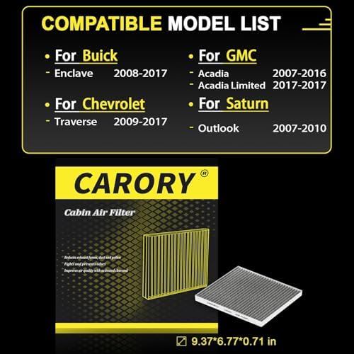CARORY Cabin Air Filter w/Activated Carbon for 2008-2017 Buick Enclave, 2009-2017 Chevy Traverse, 2007-2016 GMC Acadia, 2017 GMC Acadia Limited, 2007-2010 Saturn Outlook, CF11663, 20958479, CF663