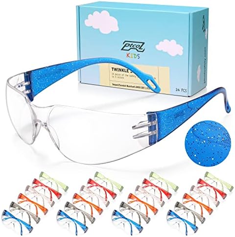 Kids Safety Glasses 24 Pack, Scratch, Impact Resistant Safety Goggles with Clear Lens Assorted Twinkle Color Frame, Eyewear for Lab, Sports,Shooting, Landscaping, Child Youth Size