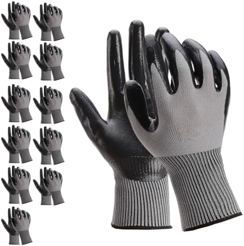 work gloves MicroFoam Nitrile Coated-12 Pairs Pack,Seamless Knit Nylon Glove with Black Micro-Foam Nitrile Grip,Ideal for General Work Gloves for Men & Women