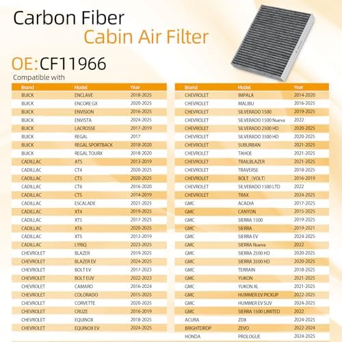 6091C (CF11966) Cabin Air Filter W/Activated Carbon Compatible With Chevry Silverado 1500/2500Hd/3500Hd 19-25, Gmc Sierra 1500 2029-2025,Buick Envision 16-25, Cadillac Ct4/Ct5/Xt6 20-25.