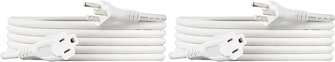 Amazon Basics Indoor Extension Cord, 3 Prong Outlet Extender Power Cord, 13 Amps, 125V, 10 Foot, White, 2-Pack