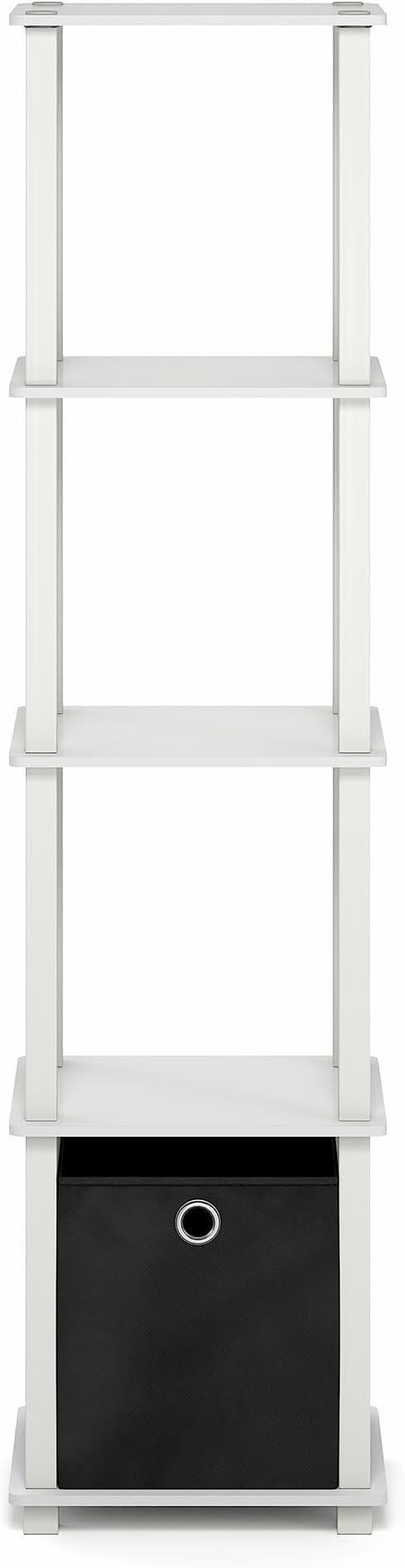 Furinno Turn-N-Tube Book Shelf, 5-Tier Square Open Frame Display Shelf, Corner Storage Shelves with Storage Bin, Shelving Unit, for Organization, Living Room, Garage, Home Office, White
