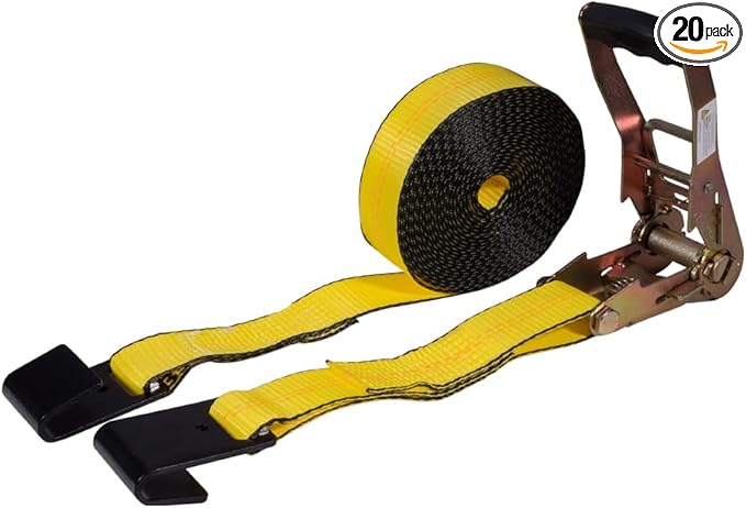 Mytee Products 20 Pack Ratchet Tie-Downs with Flat Hooks, 2" x 20' Yellow Ratchet Straps | 10,000 Lbs Breaking Strength | Tie Down Ratchet Straps for Flatbed, Truck, Trailers Pickup